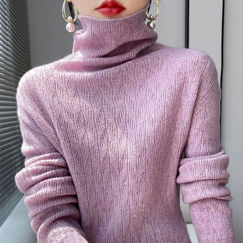 Pulôver de manga comprida de gola alta feminino, suéter de lã 100% puro, tricotado, quente, macio, coreano, top fashion, novo, 2023