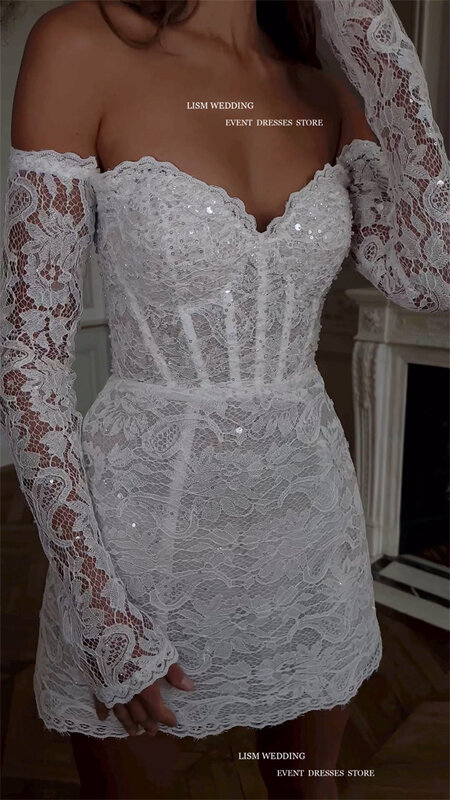 LISM Glitter Full Lace A-Line Mini Wedding Dresses Long Sleeves Sweetheart Off The Shoulder Short Bridal Gowns vestidos de novia