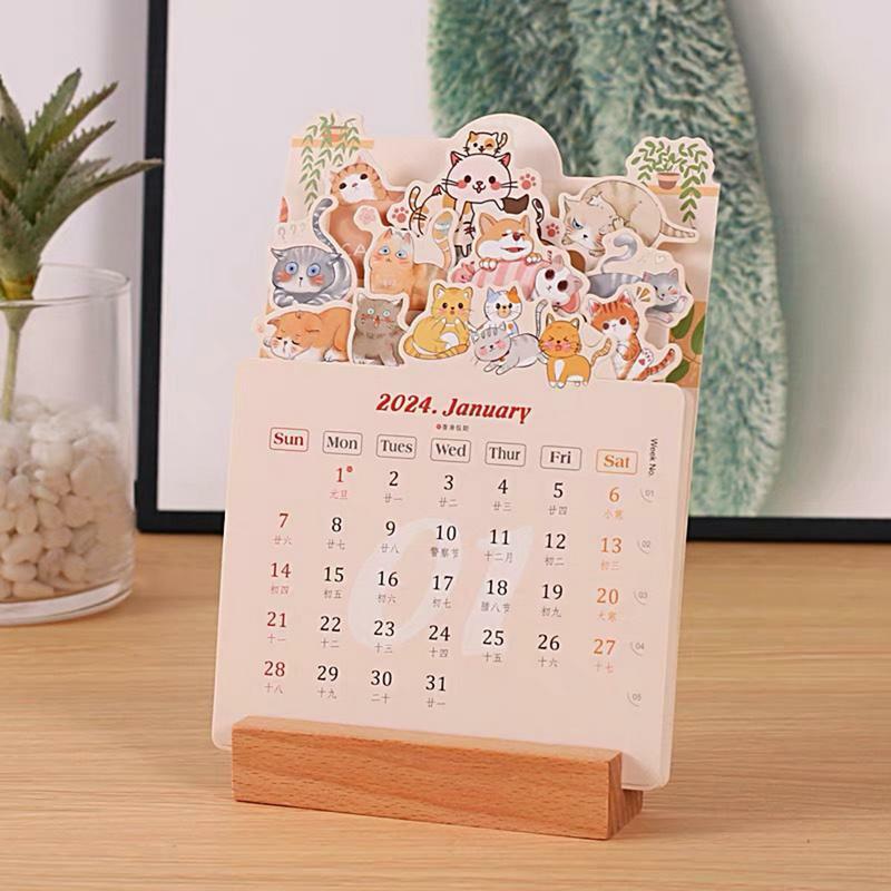 Calendario gatto per scrivania mensile 2024 animale rimovibile calendario Stand up 12 mesi calendario carino calendario decorativo per la scuola di casa