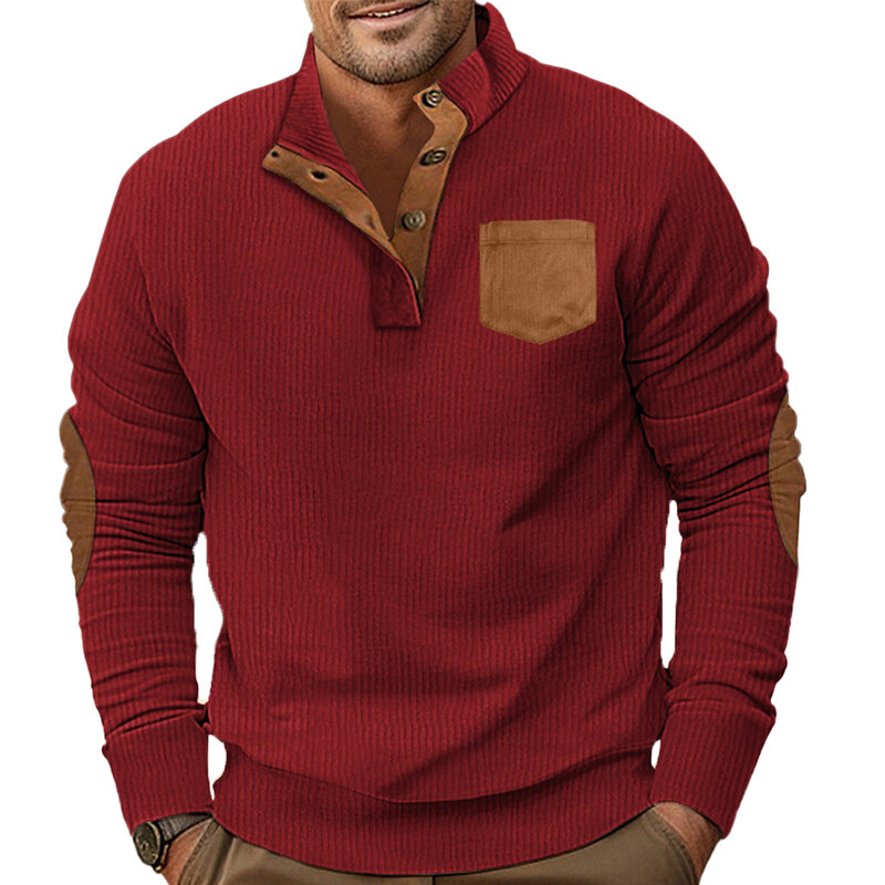 Pullover korduroi lengan panjang pria, Sweatshirt lengan panjang kerah berdiri sempurna untuk olahraga luar ruangan dan gaya sehari-hari