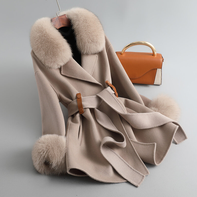 PUDI – manteau d'hiver à col en fourrure de renard pour femme, veste longue chaude en laine véritable, CT2113