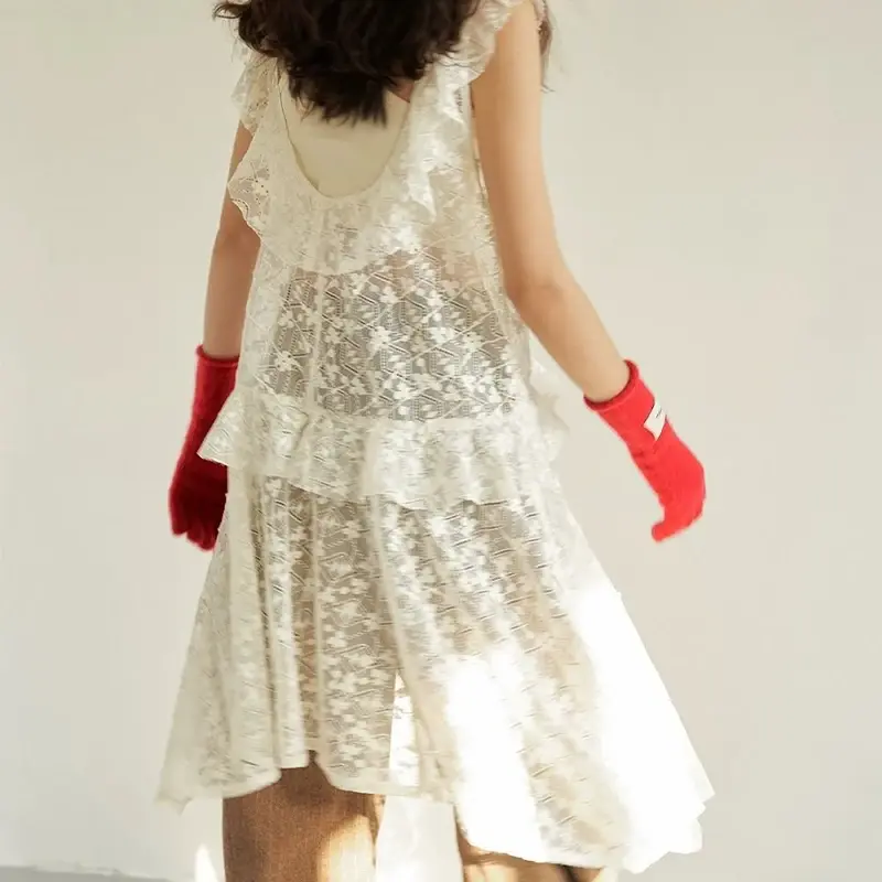 Deeptown koronkowa sukienka damska Sexy biała siatka falbana w stylu Vintage sukienka Boho nieregularnych wakacyjnych sukienek plażowych bez rękawów