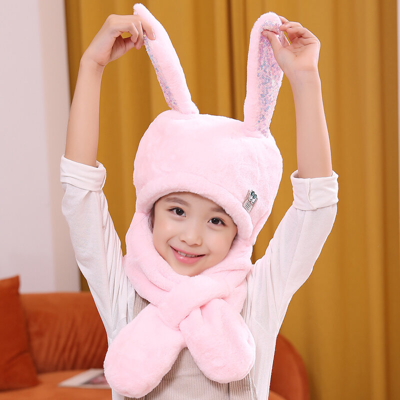 Syal topi terintegrasi wanita musim gugur dan musim dingin orangtua-anak lucu kartun telinga kelinci Mode Korea kubah bulu kelinci lucu