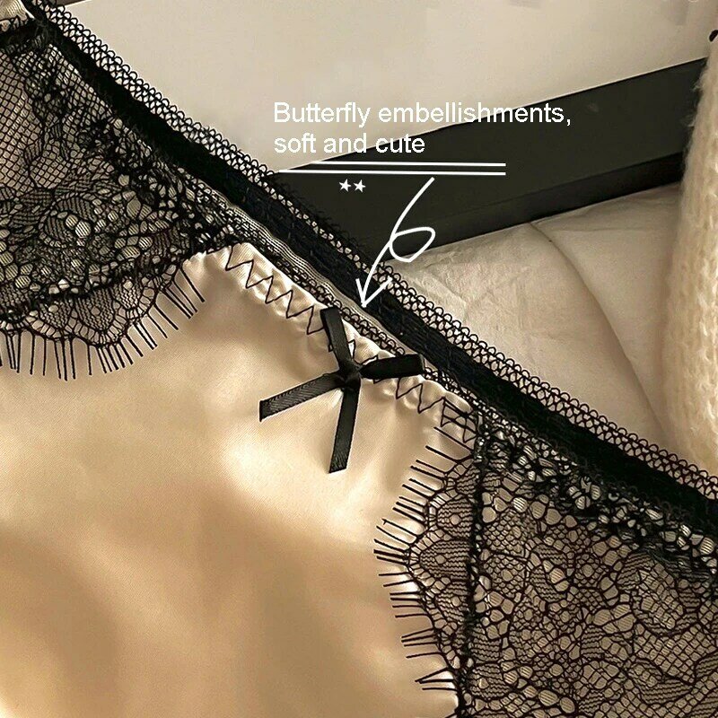 1pc Women Sexy Lace Trim Satin Panties Soft Thin See Through Lace Underwear Smooth Black Lace Bow Mesh Briefs Retro Low Waist