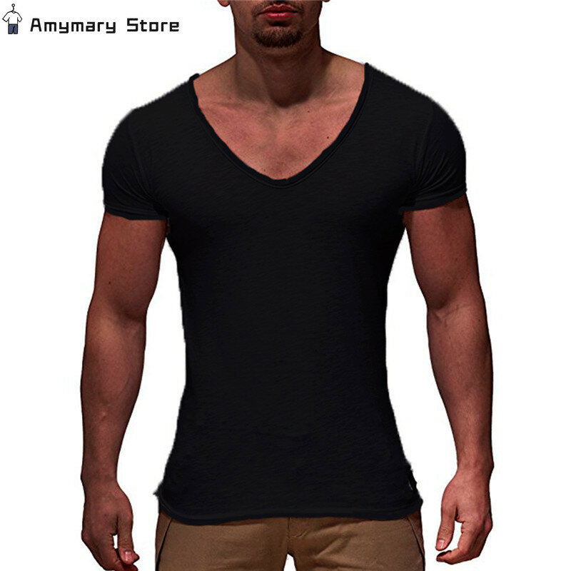 Camiseta sexy com decote em V masculina, músculo monocromático, manga curta magro, camiseta casual, roupa masculina, moda de verão, fit