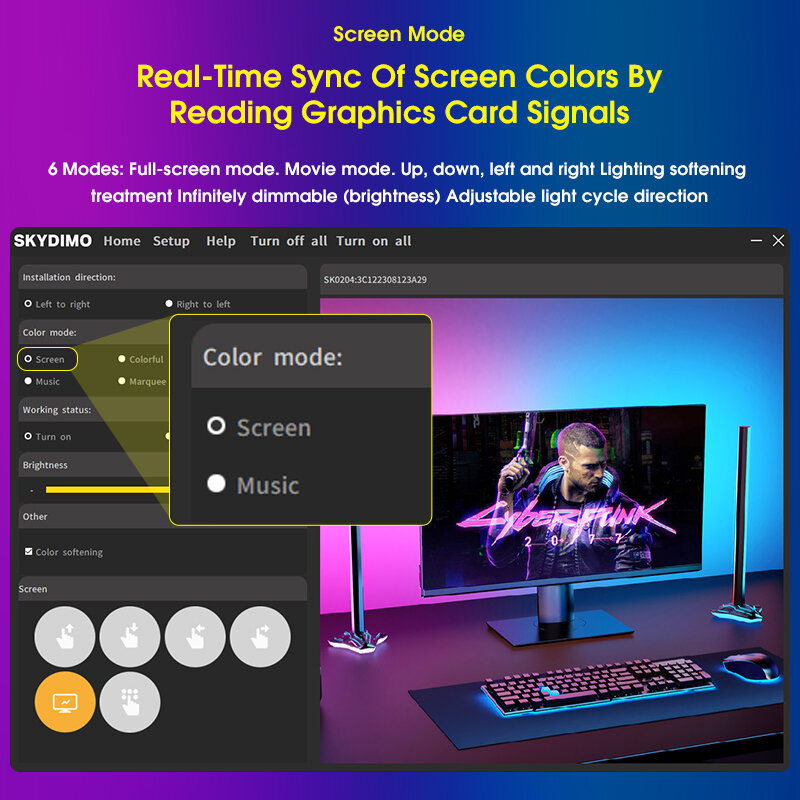 Computer Same Screen Pickup Light LED Sound Control Rhythm Light Game Music Sync Atmosphere Lights For macOS 13+ Windows 8-11