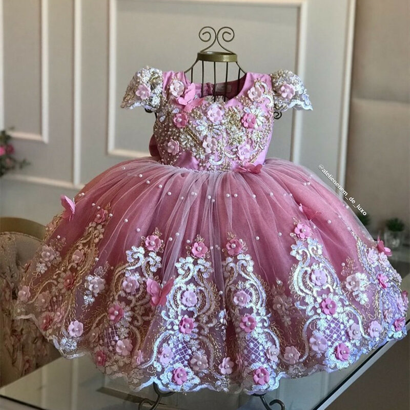 Luxury Princess Applique Flower Girl Dresses For Wedding Tulle Pearls Ball Kids Pageant Gown Birthday Party First Communion Wear