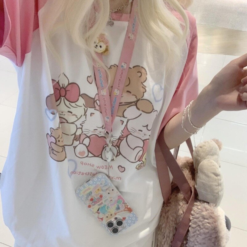 Deeptown Cute Pink Short Sleeve Tshirt for Women Japanese 2000s Style Y2k Kawaii Summer Oversize Tshirts Harajuku Anime Tees