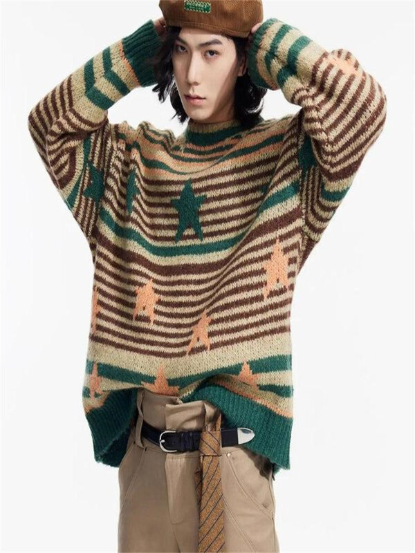Y2K gwiazda sweter damski Harajuku sweter z dzianiny w paski sweter damski top oversize fioletowy zielony street hip hop