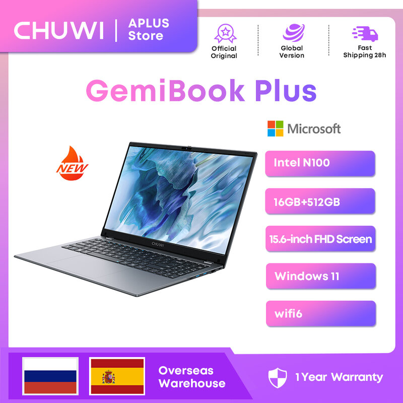 Ноутбук CHUWI GemiBook Plus, 15,6 дюйма, Intel N100 Graphics для 12-го поколения, 1920*1080P, 8 ГБ/16 ГБ ОЗУ, 256 ГБ/512 Гб SSD, Windows 11
