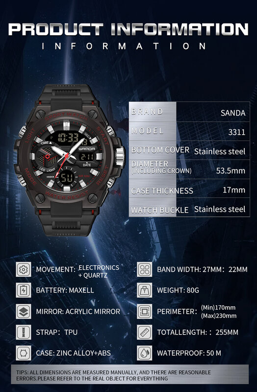 SANDA-Montre électronique étanche pour homme, montre-bracelet numérique, militaire, multifonctionnel, veilleuse, étudiant, américains, tendance de la mode, 3311