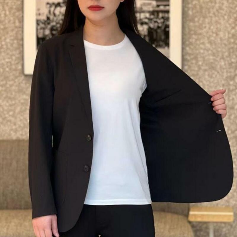 Jaket setelan kasual wanita elegan, mantel bisnis Formal wanita dengan kancing penutup saku, panjang menengah, warna Solid untuk kantor