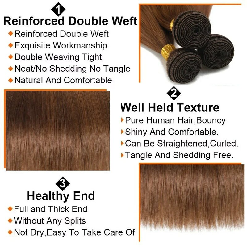 Extensiones de cabello humano 100% Natural, pelo Remy liso, Color n. ° 2, marrón oscuro, 1/3/4 piezas