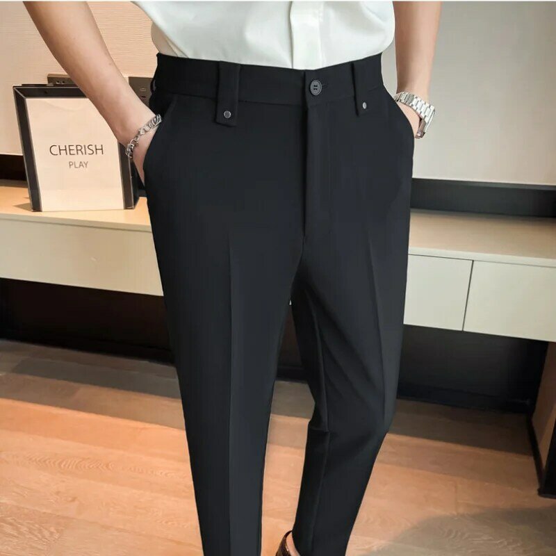 2024 Summer New Stretching Waist Men Casual Suit Pants Luxury Men Korean Slim Fit Social Wedding Party Ice Silk Pants Streetwear