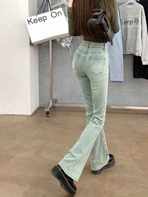Calça retrô lavada de cintura baixa para mulheres, jeans fino com fundo de sino, streetwear, moda coreana, primavera, 2022