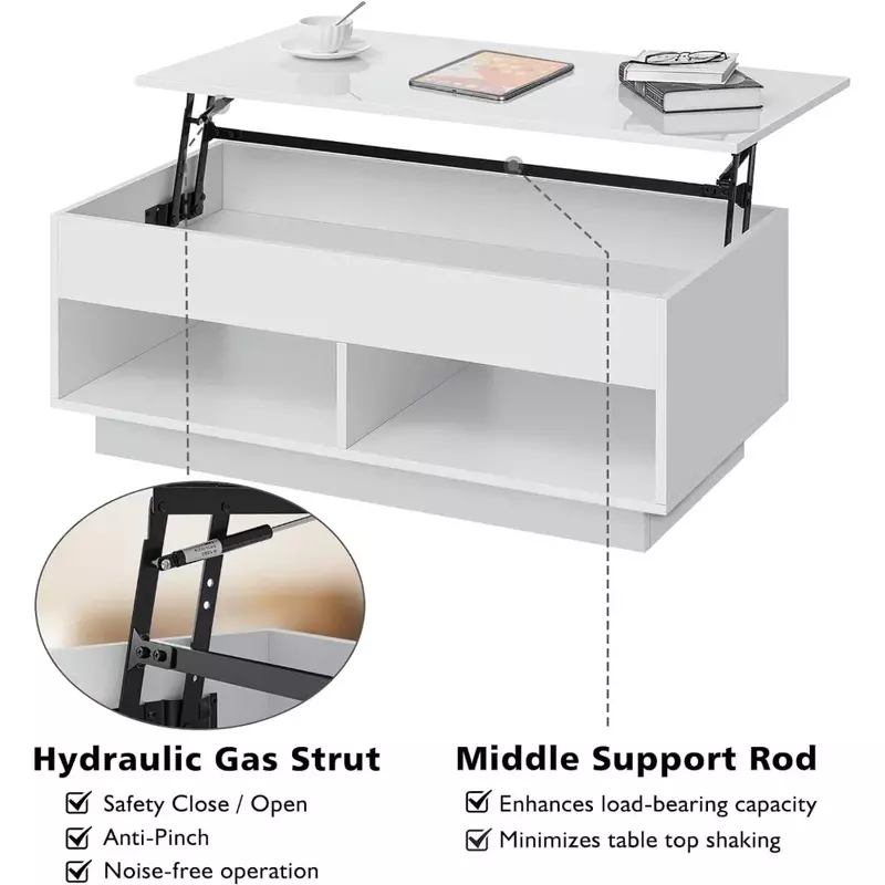 Stolik kawowy z ukrytą diodą LED do przechowywania, białe 3-poziomowe stoliki do herbaty o wysokim połysku z stolikami centralnymi do przechowywania, stolik kawowy