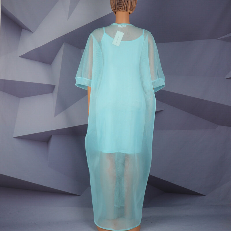 아프리카 모던 디자인 블루 메쉬 자수 딥 브이넥 플러스 사이즈 스커트, 내부 스커트 포함, 아프리카-미국 여성 드레스