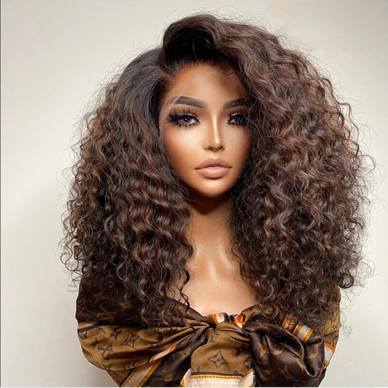 Preplucked Glueless Ombre Dark Brown Soft 26Inch Long Kinky Curly 180Density Deep Lace Front Wig For Black Women Babyhair Daily