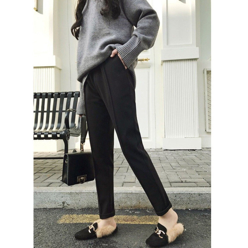 Wanita Kasual Streetwear Pinggang Tinggi Wol Celana Panjang Musim Gugur Musim Dingin Mode Korea Saku Padat Ramping Semua Cocok Harem Pensil Celana