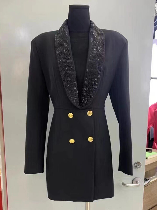 Jaqueta de terno de cintura alta feminina, processo pesado, lapela de perfuração, trespassado duplo, vestido de costas ocas, moda outono, novo, 2024
