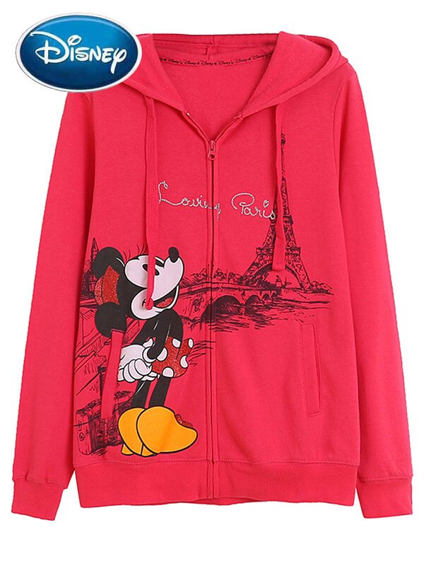 Disney-Moletom estampado de Mickey Mouse feminino, moletom manga comprida, jumper com zíper, tops casuais, moletom Minnie, moda