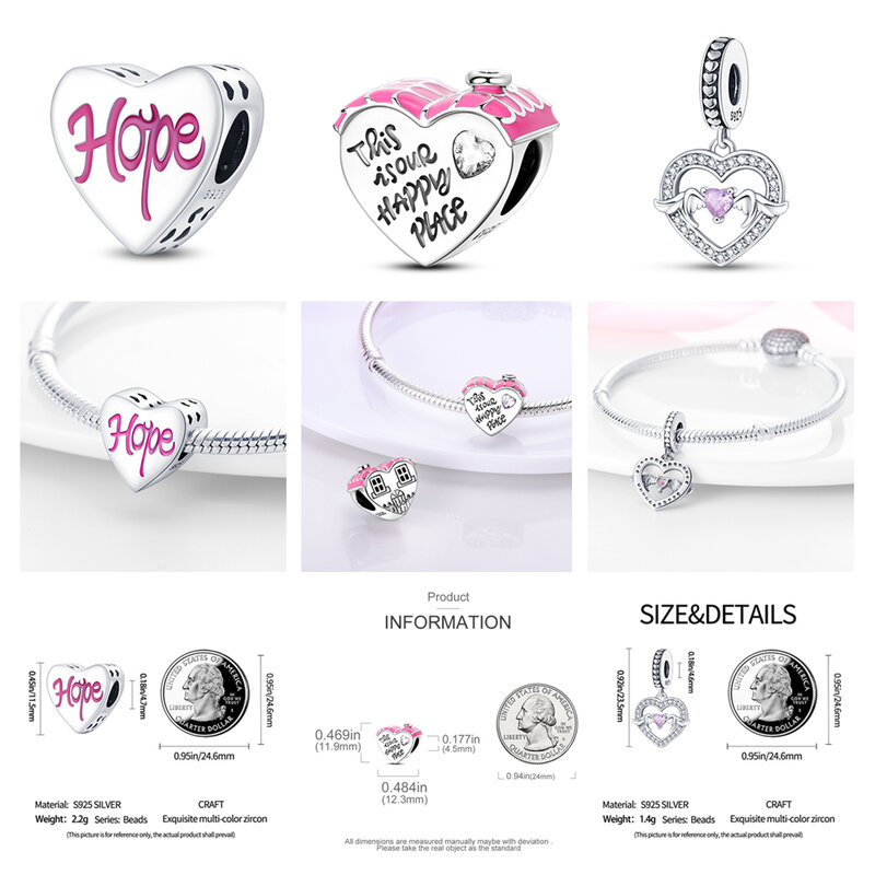 925 Sterling Silver Charms da Forma do Coração, Beads Fit Pandora Original, DIY Jóias para Amante Mãe, Mulheres, Irmã, Best Valentine Gift