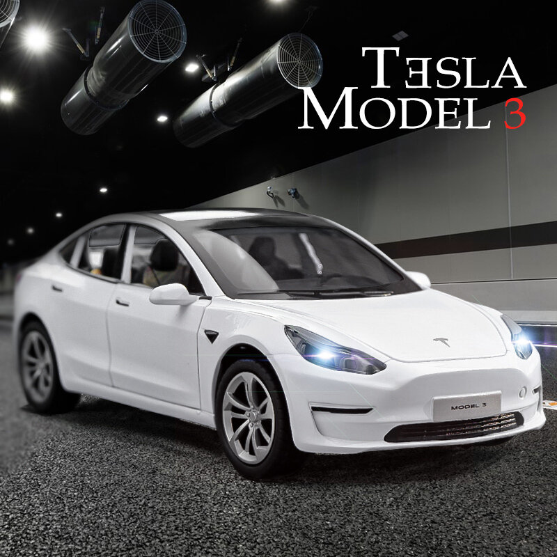 1:24 Tesla Model 3 Alloy Car Model Diecasts Metal Toy Vehicle Car Model Simulation Sound and Light Collection Childrens Toy Gift