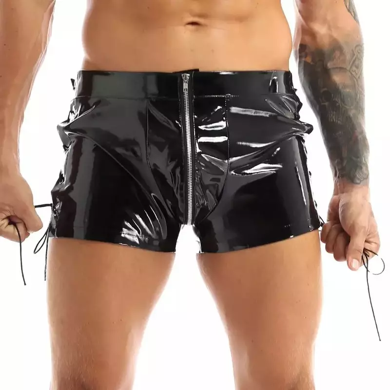 Boxer kulit Fetish berenda samping celana pendek kulit selangkangan terbuka seksi untuk seks lateks Bodycon ritsleting paten tanpa tali
