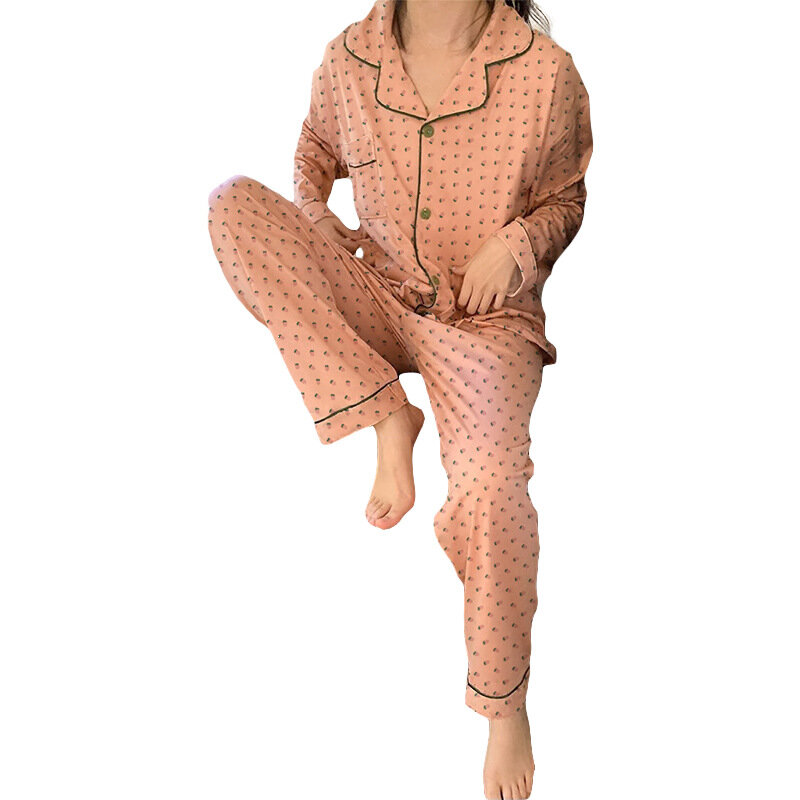 Conjunto de pijamas de manga comprida feminino, primavera, verão, outono, calças de pijama estampadas, pijamas, botões Homewear, 2 peças