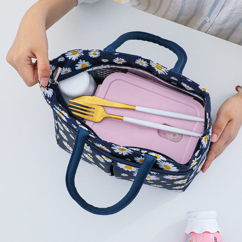 ความร้อนฉนวนกระเป๋าใส่อาหารกลางวันสำหรับผู้หญิงผ้าอ๊อกซ์ฟอร์ดความจุขนาดสูง Daisy พิมพ์กล่อง Bento Cooler Bag ปิคนิคอาหารกระเป๋า