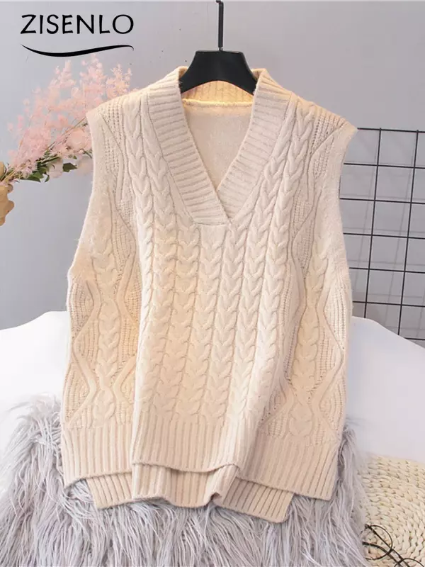 Odzież damska jesienna kamizelka z dekoltem w szpic dziergany sweter luźna w stylu Vintage w jednolitym kolorze podkoszulek bez rękawów kamizelka koreańska moda