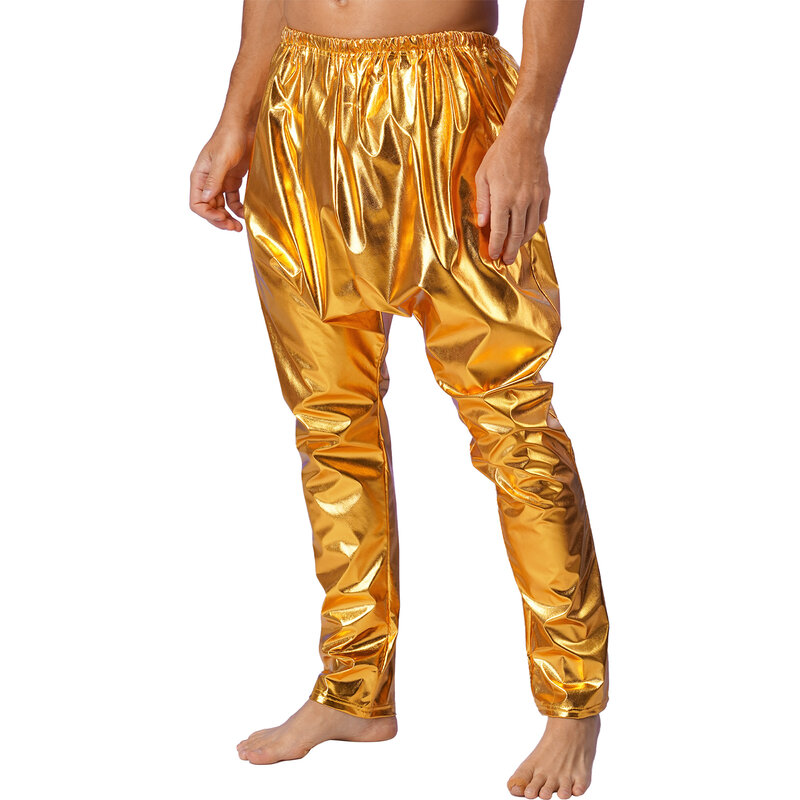 Mens Stylish Metallic Shiny Long Pants Elastic Waistband Solid Color Lightweight Harem Pants for Stage Performance