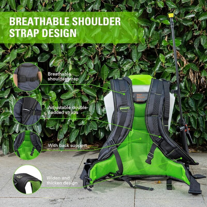 Bezprzewodowy opryskiwacz plecakowy Greenworks 40V (4 galony/5 końcówek/25 stóp Spray) do odchwaszczania, opryskiwania i czyszczenia