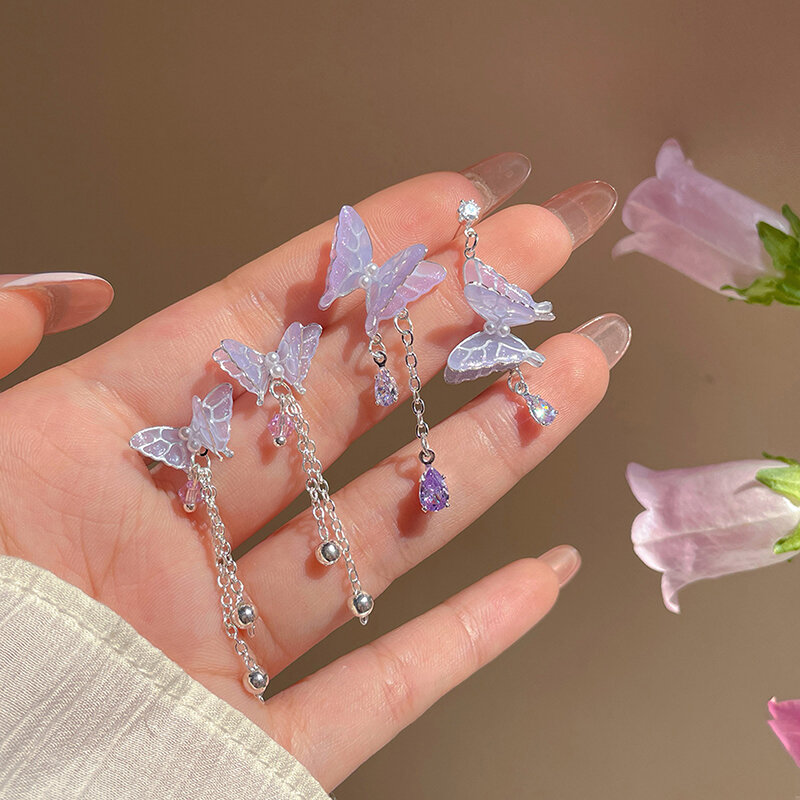 Pendientes de borla asimétricos elegantes para mujeres y niñas, cadena de mariposa elegante, pendientes de gota de borla, regalos de mariposa degradado