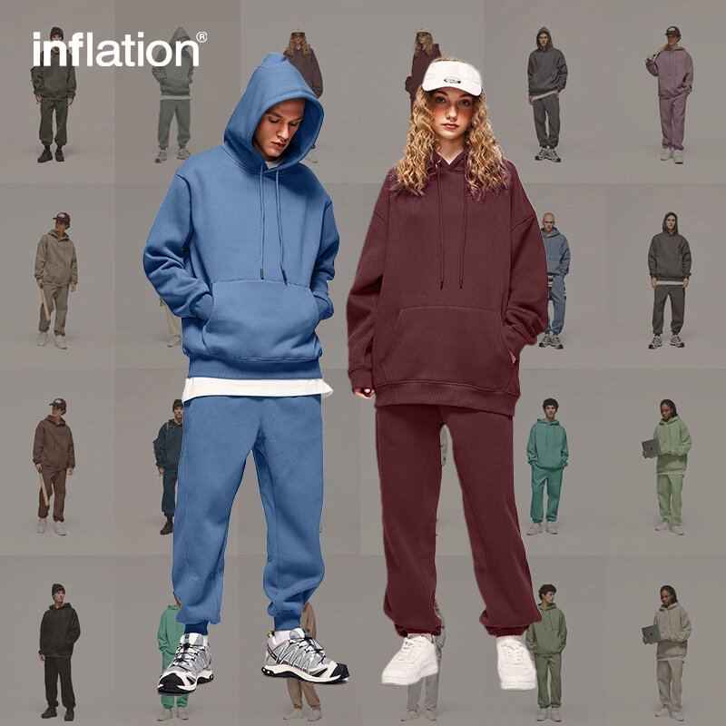 INFLATION 350gsm gruby dres Vlevet Unisex 2023 modny jednolity kolor odzież do joggingu zestaw dopasowanych polarowych spodni
