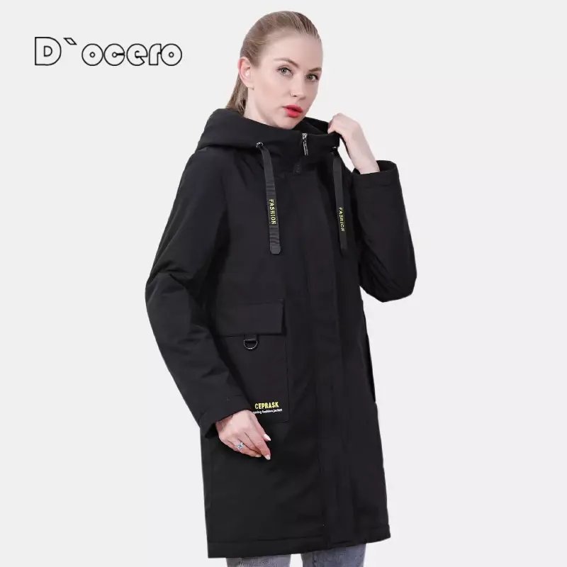 D'OCERO-봄 코트 여성용, 얇은 면, 캐주얼 여성 재킷, 가을 방풍 파카, 긴 퀼트 후드 아웃웨어, 2021 년 신상품