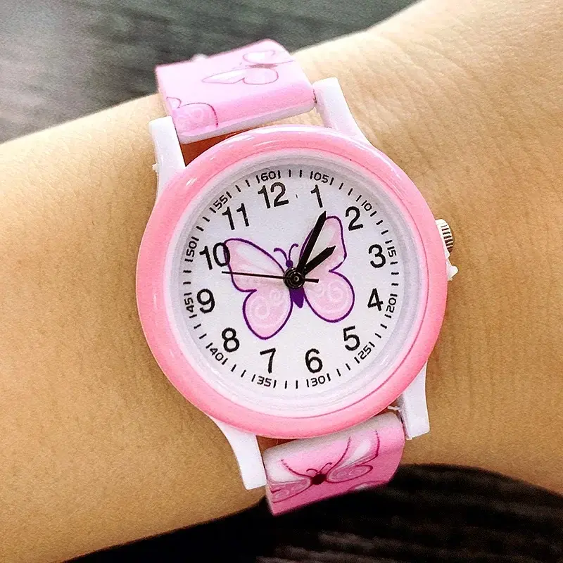 Jam tangan perempuan cantik jam tangan kuarsa jeli permen silikon cetak kupu-kupu untuk anak perempuan siswa pesta hadiah jam