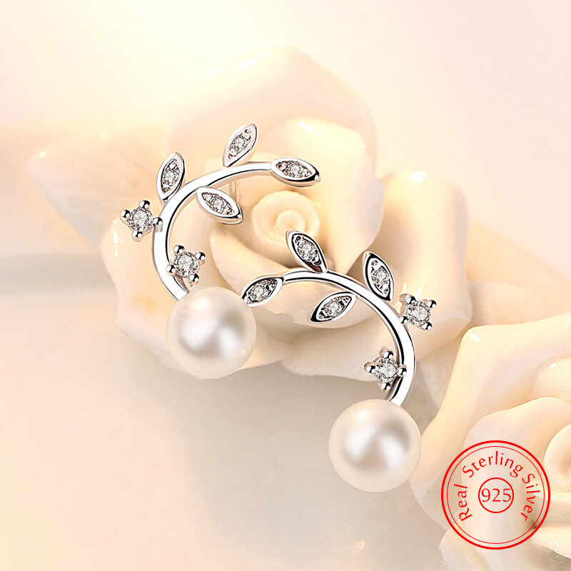 925 Sterling Zilveren Kristal Parel Sieraden Mode Blad Oorknopjes Voor Vrouw Nieuwe Xy0218