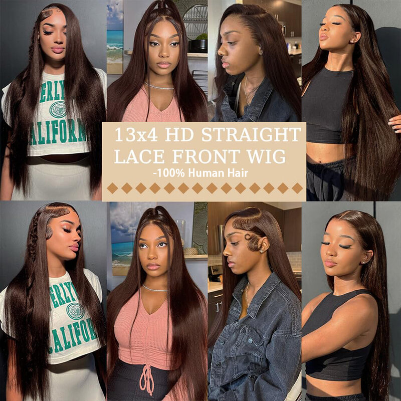 Chocolate Brown Straight Human Hair Lace Front Wigs 13x4 Straight HD Lace Frontal Closure Human Hair Wig Pre Plucked Human Hair