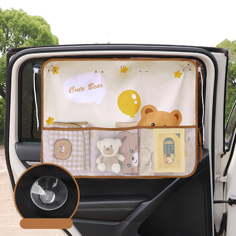 Cortina de almacenamiento multifuncional para ventana de coche, parasol de dibujos animados, oso, conejito, aislamiento solar, niños