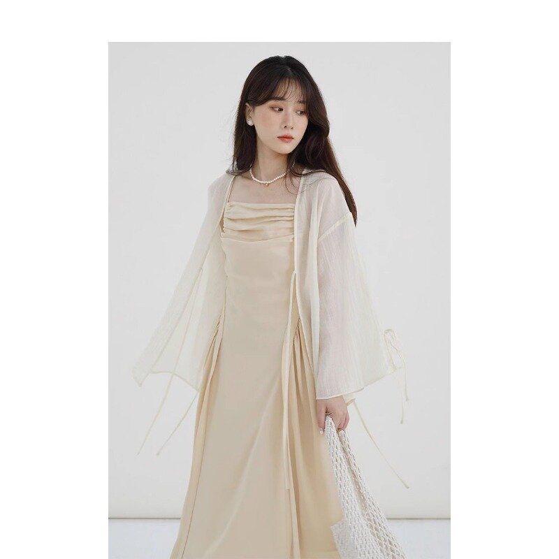 Deeptown Solid Lace Up Oversized Chiffon Cardigan Women V Neck Shirt See Through Summer Blouse Korean Fashion Elegant Casual