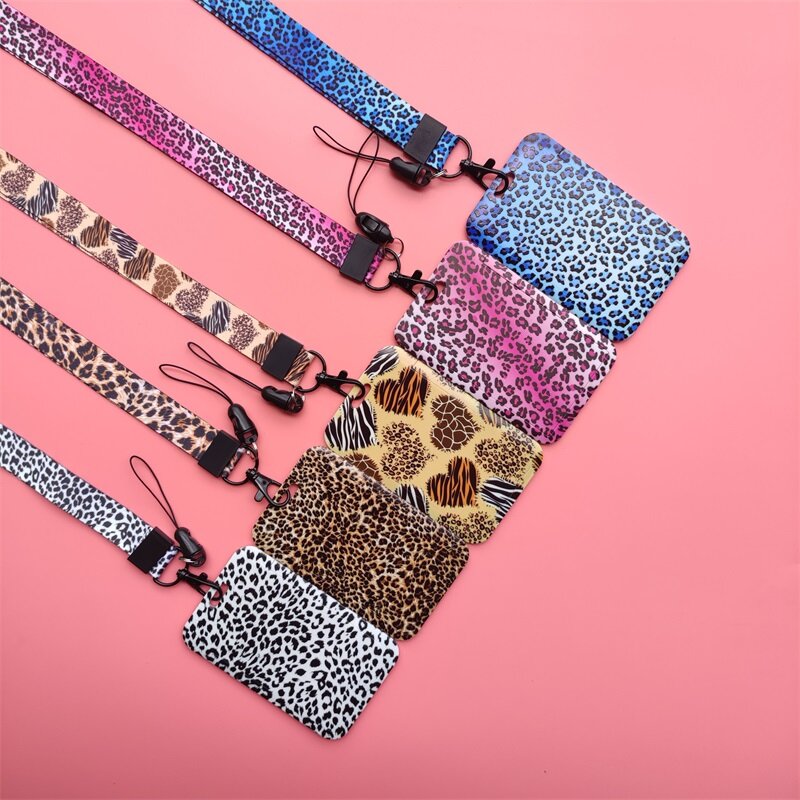Soporte de insignia de identificación con cordón para mujer, diseño deslizante de leopardo, ABS, alta calidad, venta al por mayor