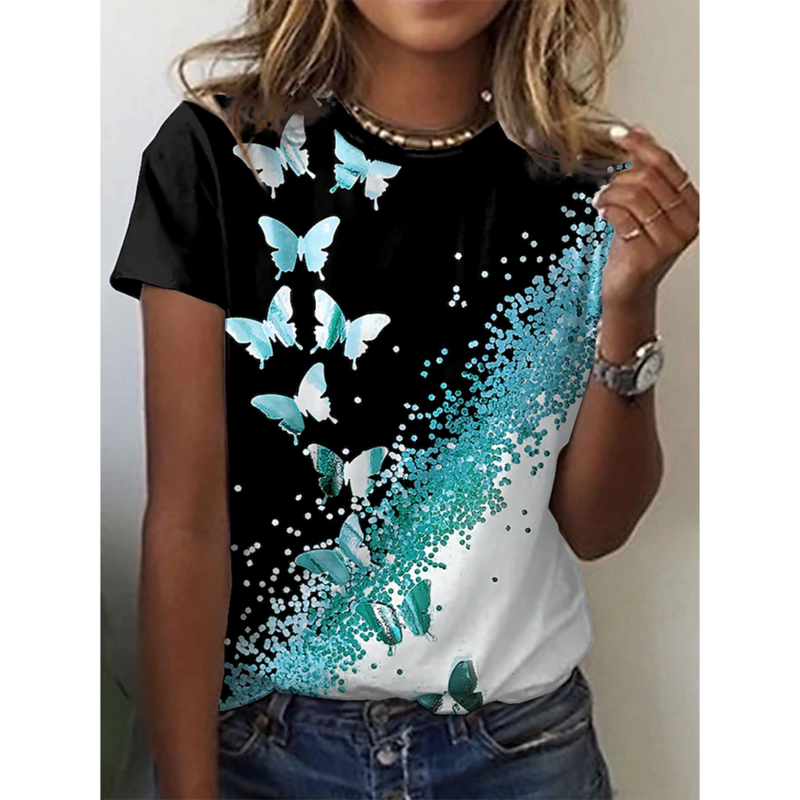 2024 nuovo o-collo 3d farfalla stampa T-Shirt T-Shirt da donna estate moda manica corta Top oversize estate Top abbigliamento femminile