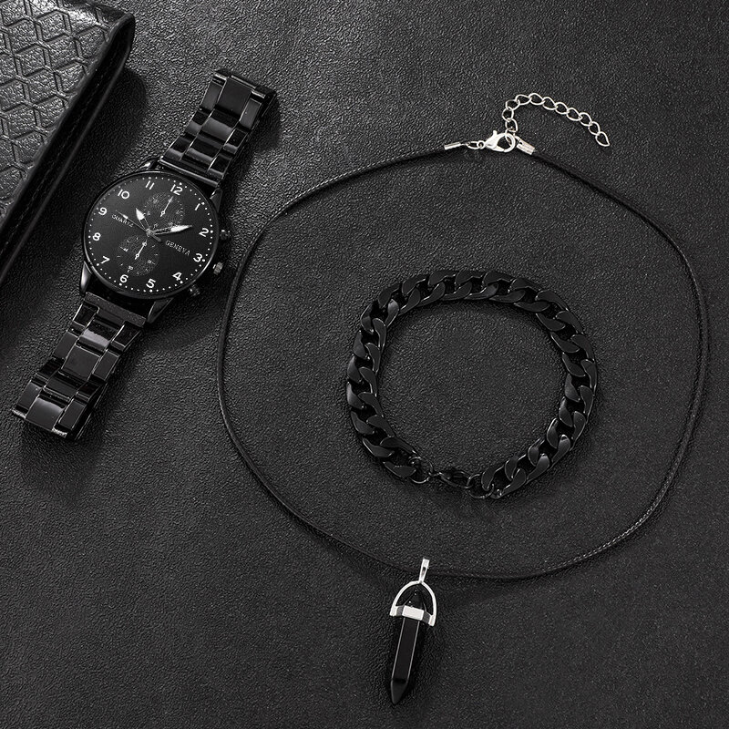 Jam tangan bisnis pria, 3 buah Set Fashion kasual gelang hitam kalung baja nirkarat kuarsa
