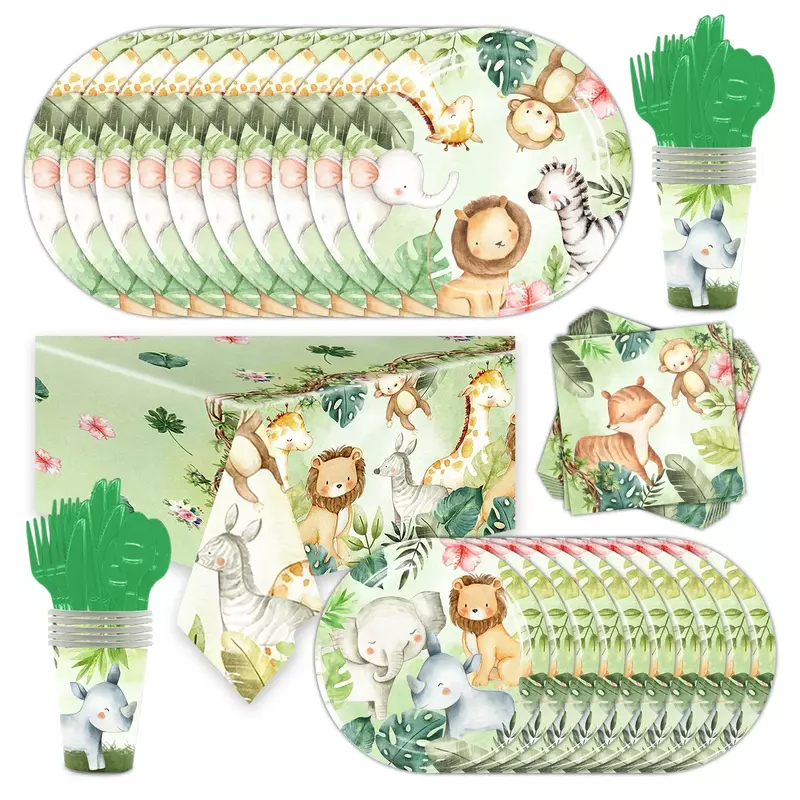 Jungle Animal Party Supplies Jungle Safari Disposable Tableware Cup Plate Napkin Balloon Tablecloth for Kids Boys Baby Shower