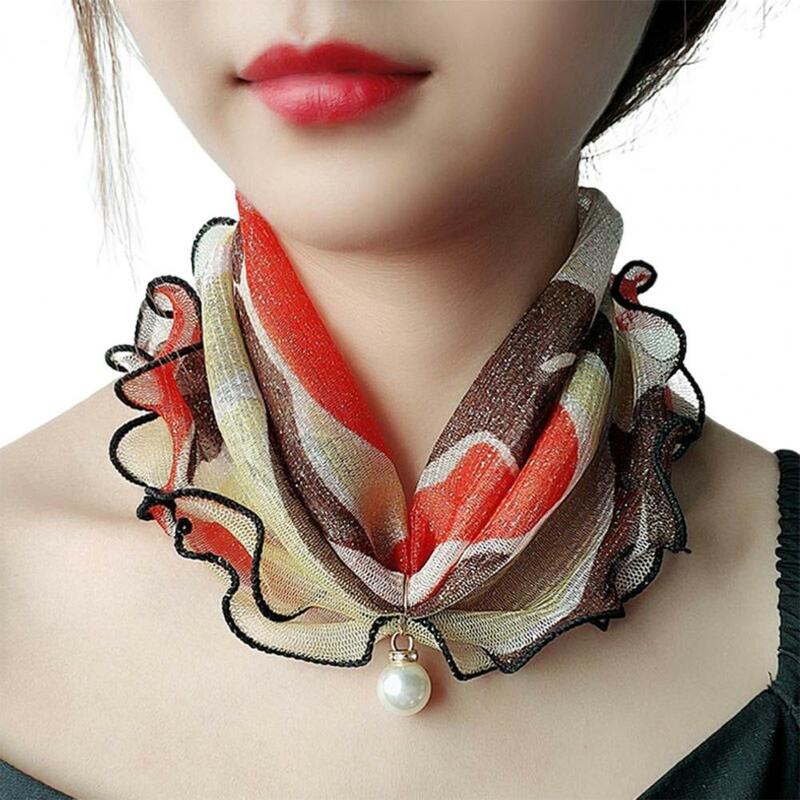 Women Silk Scarves Painting Print Imitation Pearl Neck Wrap Durable Ruffle Edge Lady Headscarf For Banquet