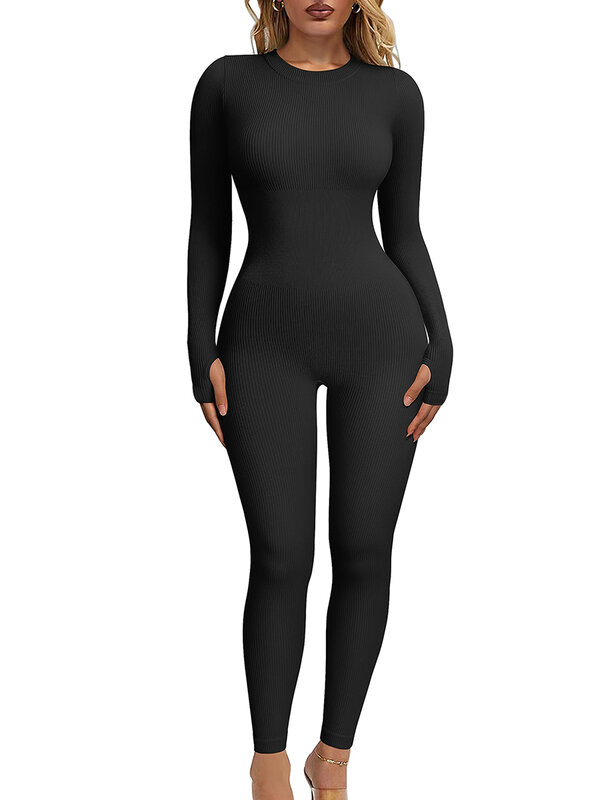 Women’s Long Sleeve Jumpsuit Bodycon Round Neck Long Romper Clubwear Tights Outfit
