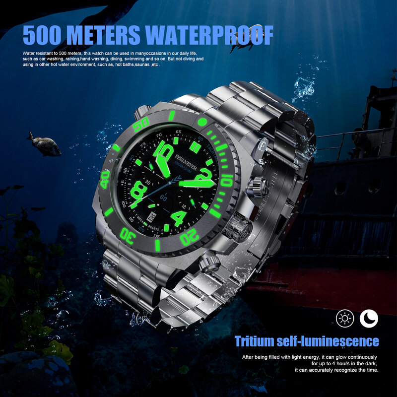 FeelNever sportowy zegarek kwarcowy do nurkowania dla mężczyzn 316L szafirowe zegarki męskie z dużą tarczą 500M wodoodporny zegar Reloj Hombre