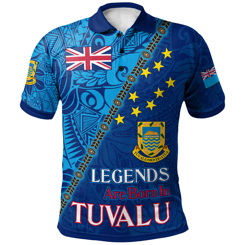 Tuvalu เสื้อโปโลผู้ชายลายเกาะเอลลิซ, เสื้อโปโลพิมพ์ลาย3D เสื้อโปโลแบบลำลองทรงหลวมกระดุม lengan pendek musim panas