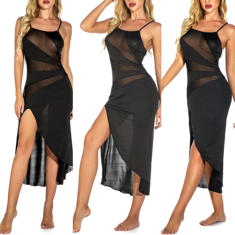 Camisón Largo de seda Artificial para mujer, ropa de dormir en V profundo con escote, Sexy